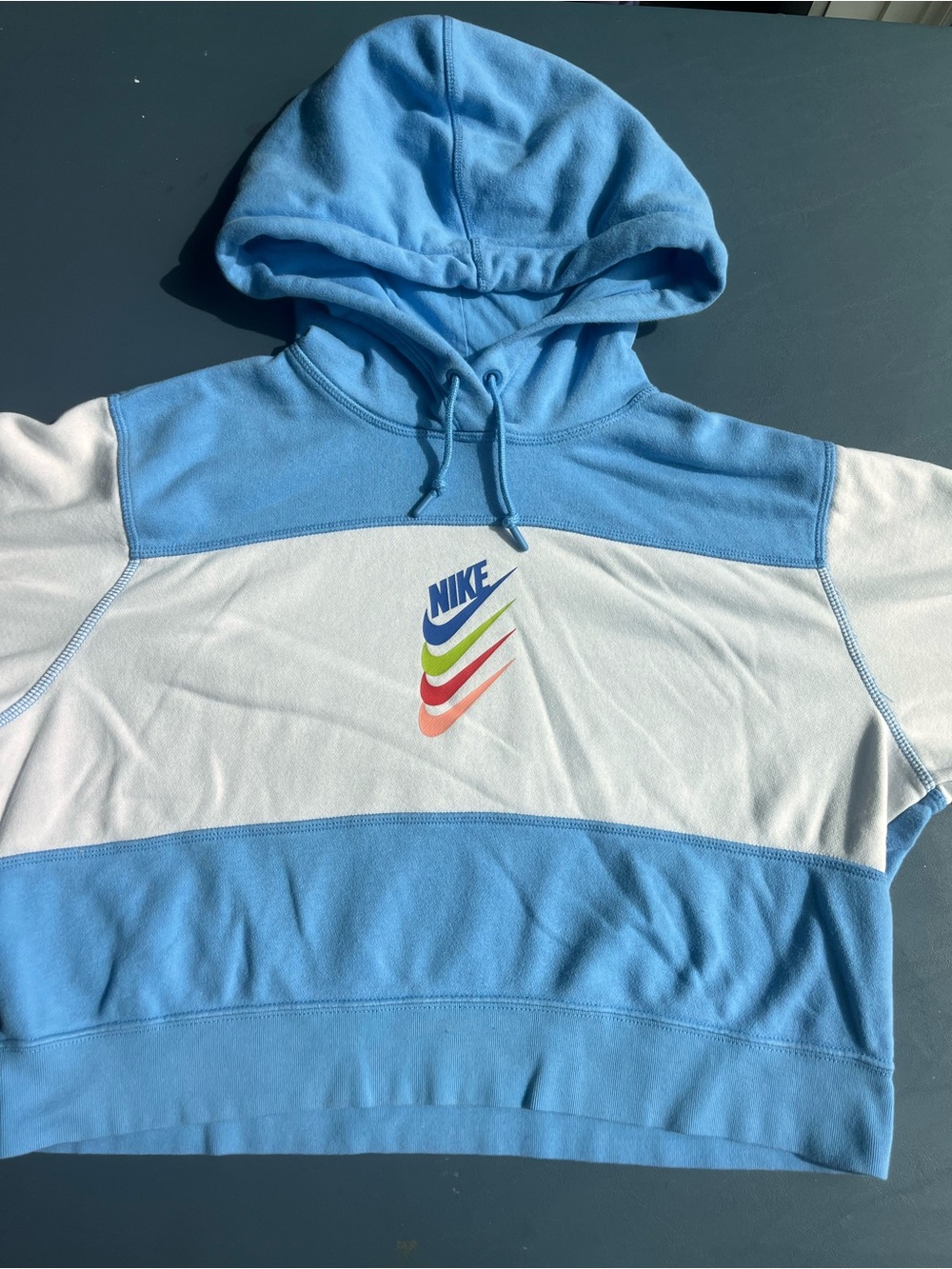Nike Blue and White Colorblock Hoodie with Multicolor Swooshes